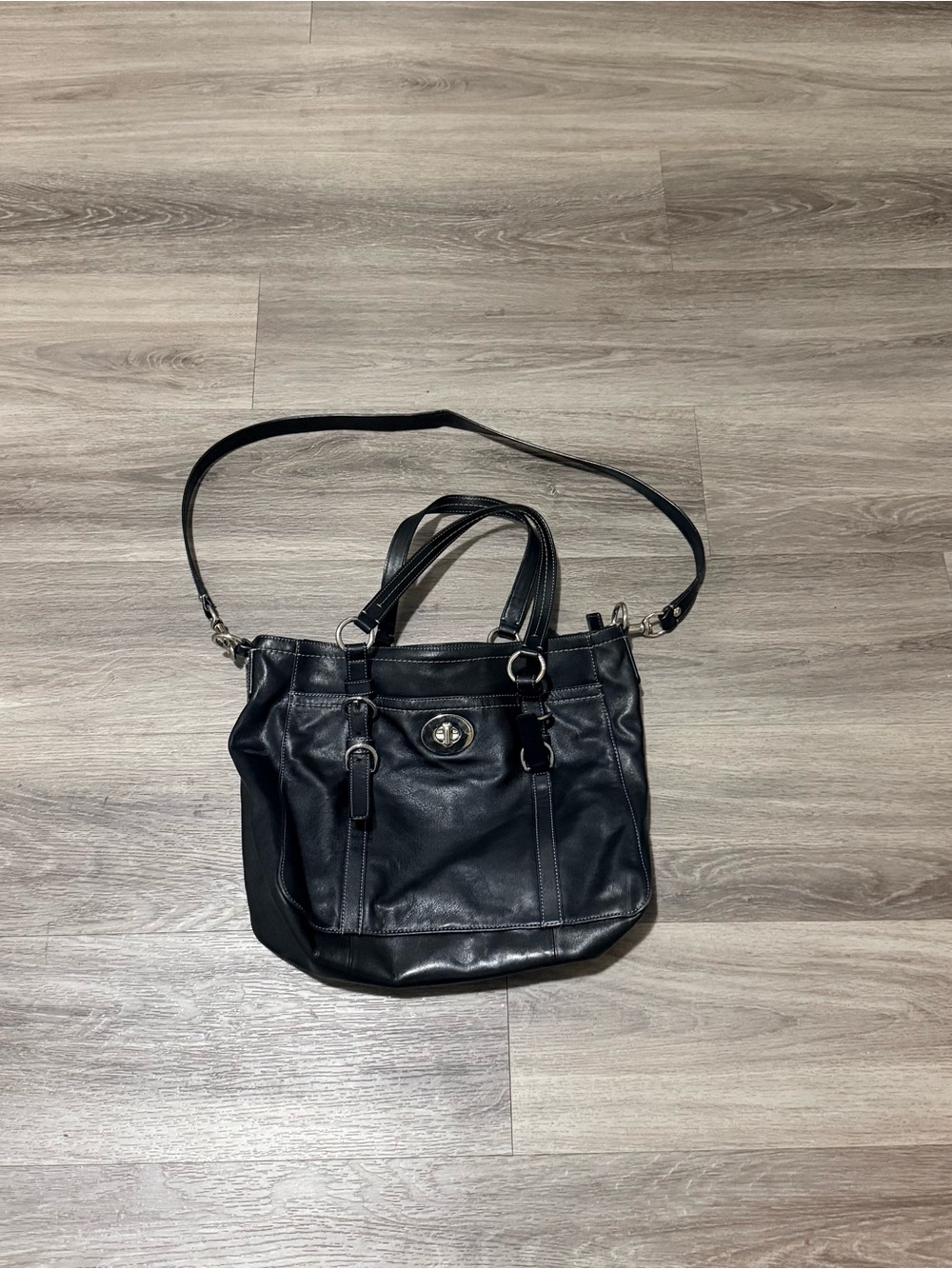 Coach Black Leather Shoulder Tote with Turn-Lock Accent